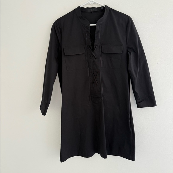 Theory Jullitah Light Poplin Black Mini Lace Up Long Sleeve Tunic Dress 6